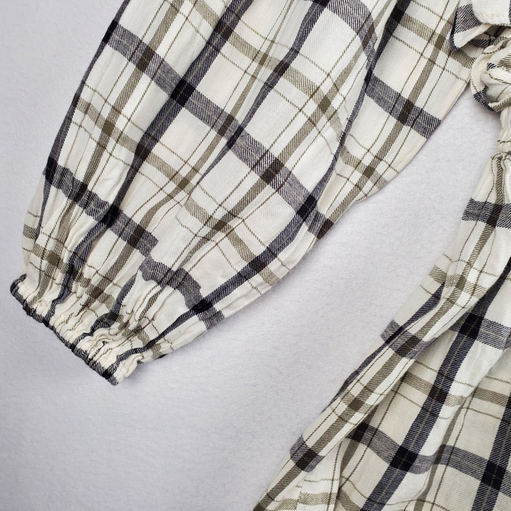 Asos Design Mini Skater Shirt Dress Women 12 CreamBlack Plaid Cotton Drawstring - Picture 9 of 16